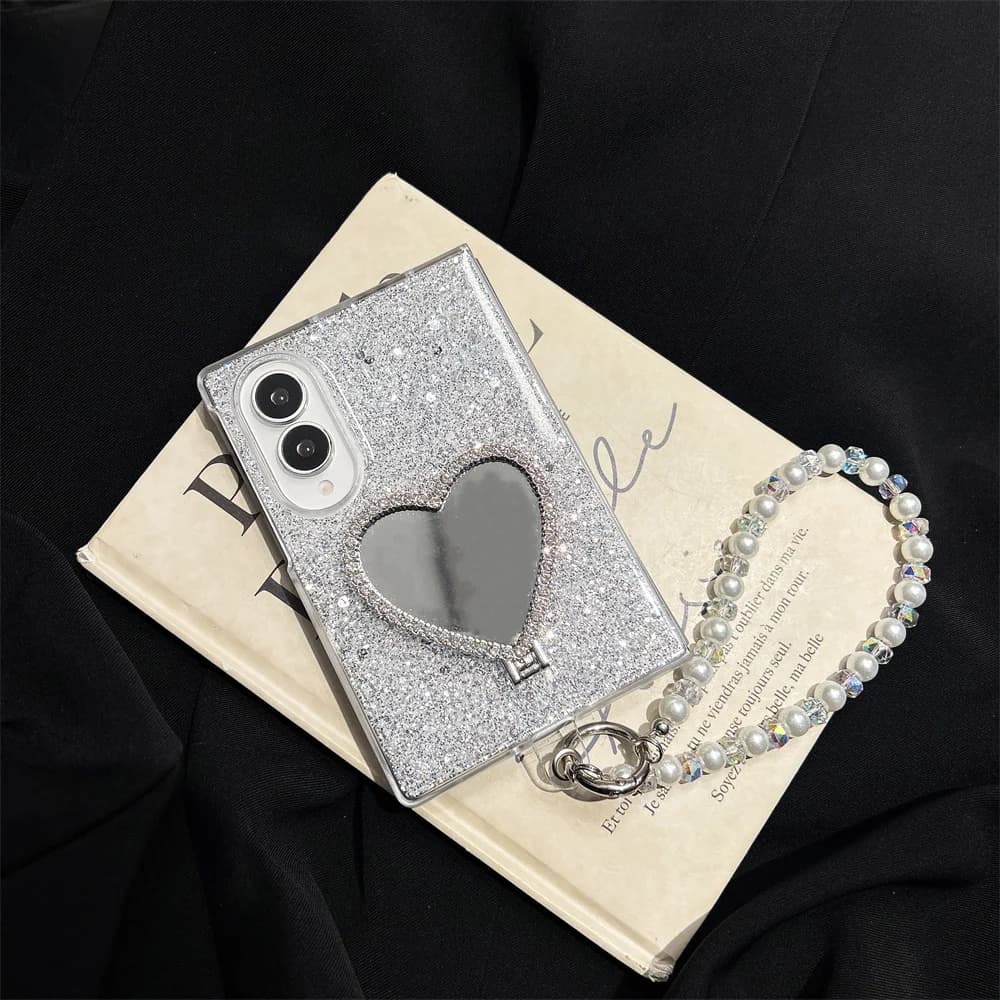 New Korea Glitter mirror stand Phone Case For Samsung Galaxy Z Fold 8 Ultra Foldable Protective Cover Cute Cases with Chain