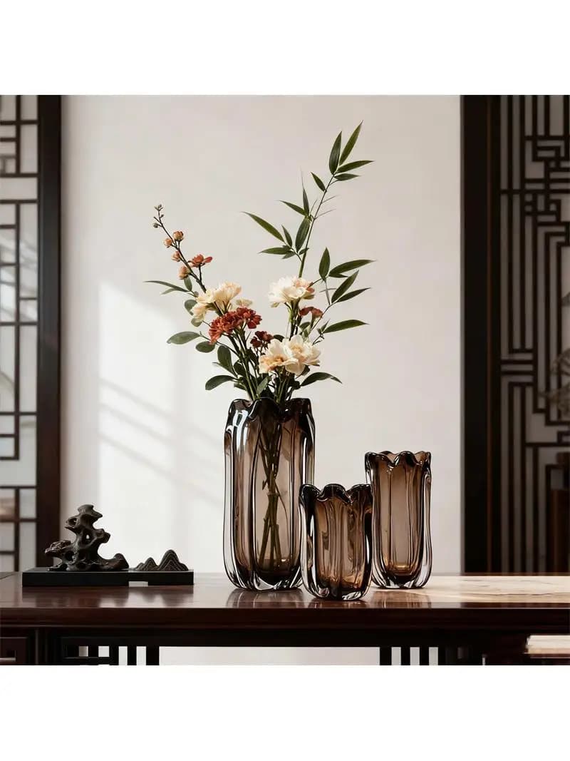 New Chinese Style Crystal Glass Flower Vase Home Decorative Living Room Decoration Sample Room Flower Holder Coffee Brown