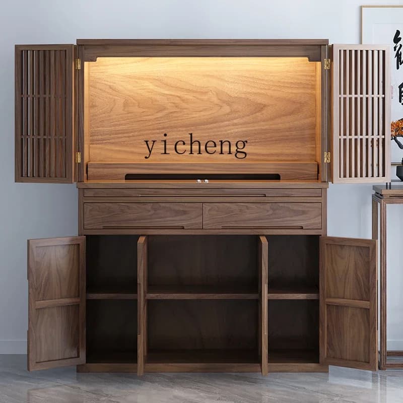Black Walnut New Chinese Vertical Cabinet Modern Simple Solid Wood Altar With Door To Worship Bodhisattva CabinetD17