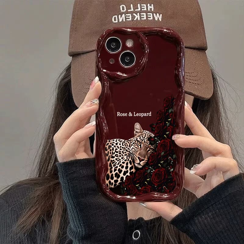 Fashion Rose Leopard Pattern Phone Case For iPhone 11 12 13 14 17 18 Pro Max 15 16 Plus 16e 17e Wavy-Edge Shockproof Soft Cover