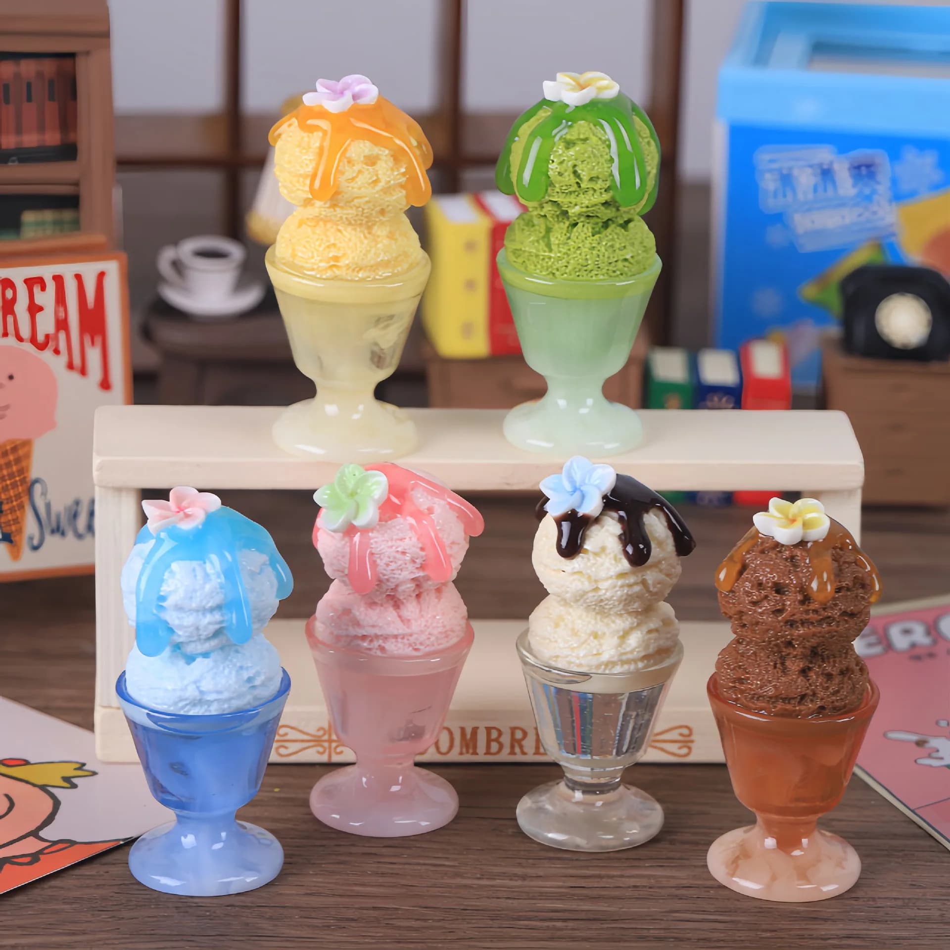 Mini 5.6cm Ice Cream Model Food Two-Scoop Ice Cream Cup with Flower Resin Miniature Dessert Craft Desktop Decoration Ornament