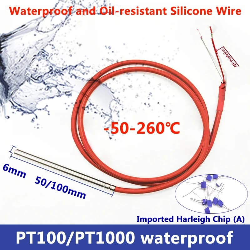 Waterproof PT100/PT1000 Temperature Sensor Thermocouple -50- 260°C Stainless Steel Probe Heat Resistant 2 Wire 1M Silicone Cable