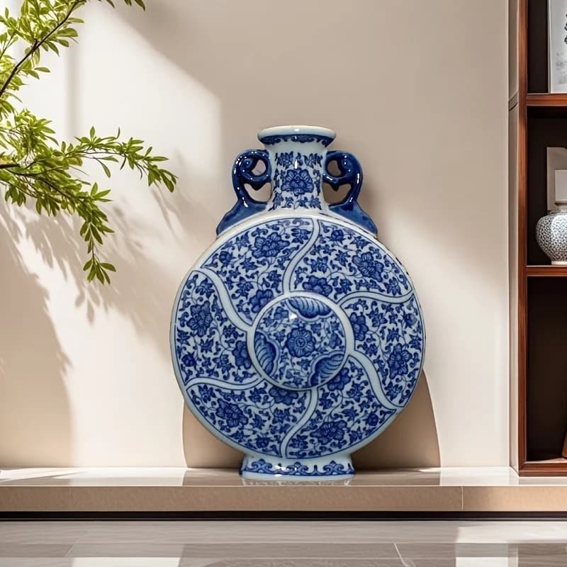 Porcelain Vase with Blue & White Floral Traditional Chinese Handcrafted Home Decor, Antique Style Double-Ear Moon Bottle
