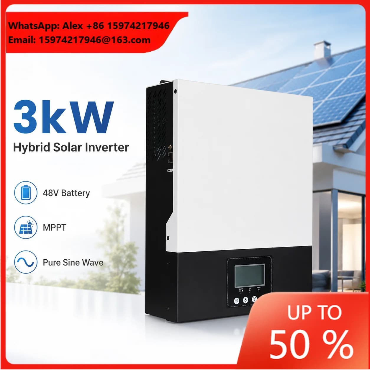 3kW Hybrid Solar Inverter 48V Single Phase 230Vac 50Hz MPPT Pure Sine Wave For EU Residential Rooftop Energy Storage Daily Use