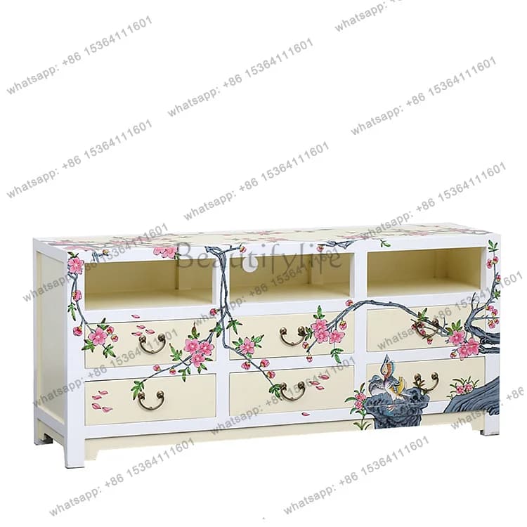 painted TV cabinet, neoclassical hand-painted storage living room cabinet