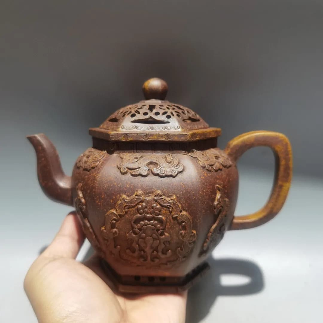Temple Collection Yixing Purple Clay Teapot kiln transmutation Hollow cover Lucky Eight Treasures Pot Kettle Teapot