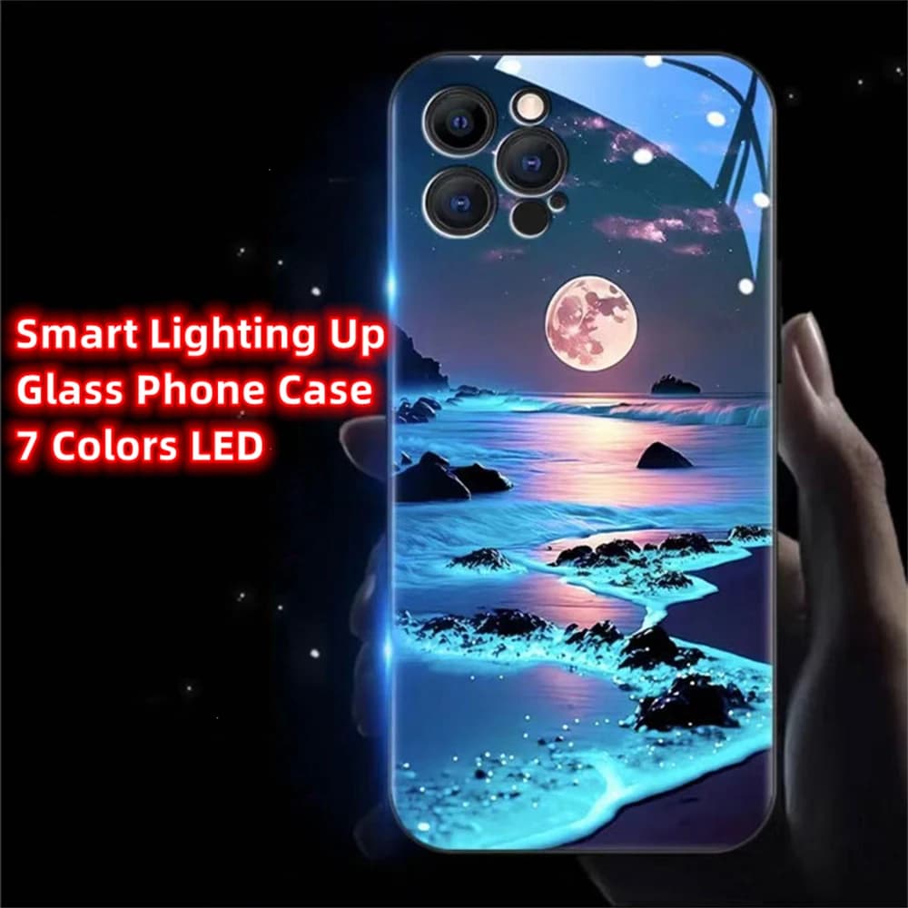 Meteor Moon Beach Smart LED Light Glow Tempered Glass Phone Case For iPhone Air 17 16 E 15 14 13 12 11 Pro Max X XS XR Plus