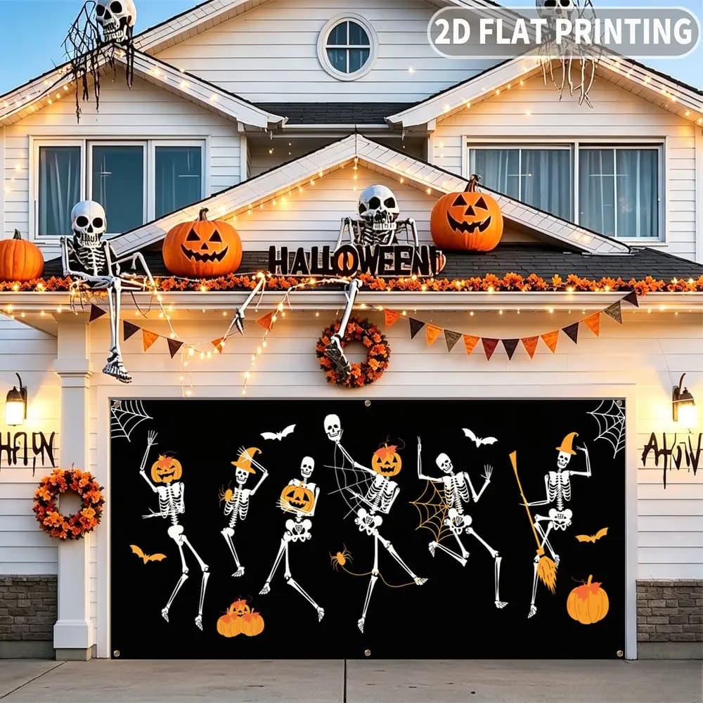 1pc 2D FLAT Halloween Garage Banner, Halloween Skeletons Pumpkins Bats Spiders Webs Pattern, No Power Need, for Garage Decor