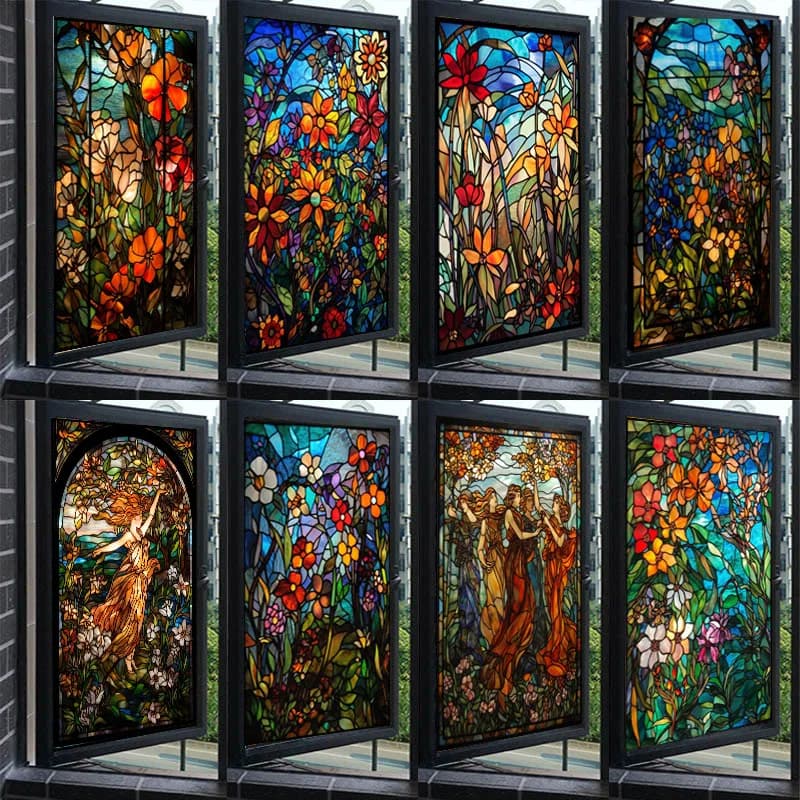 Stained Church Glass Film Flower Magnolia Privacy Windows Film Static Cling Frosted Bathroom Window Sliding Door Stickers