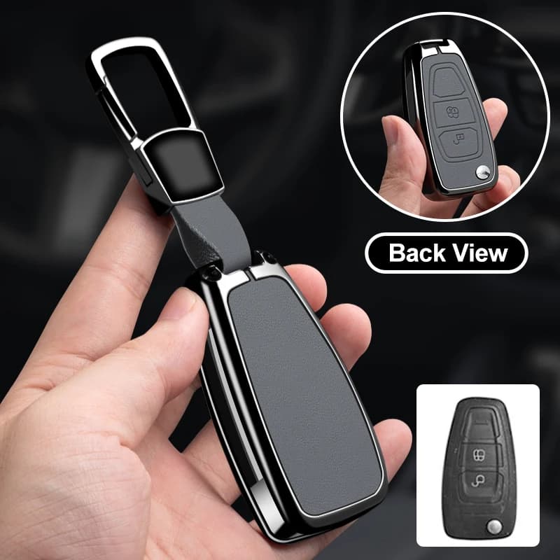 Leather Car Key Case Cover Metal Protector Shell for Ford Ranger C-Max S-Max Focus Galaxy Mondeo Transit Tourneo Ecosport