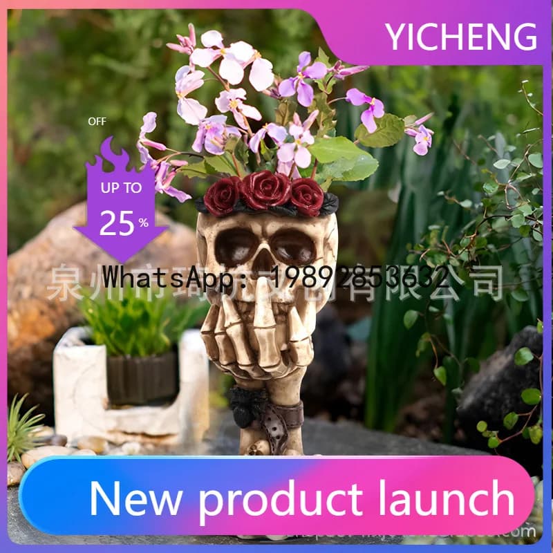 Skull hand holding vase - creative home decor desktop art flower arrangement ornament