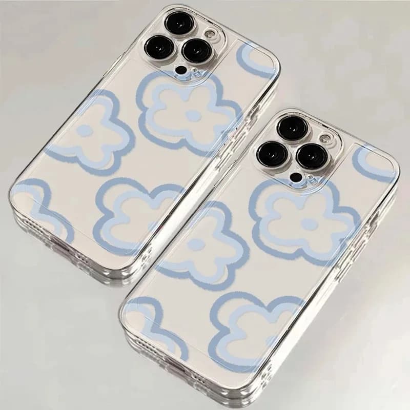 Korean Cute Blue Flower TPU Case For Samsung S20 S21 S22 Plus S23 S24 FE S25 Note 20 Ultra A15 A16 A23 A24 A25 5G Phone Case