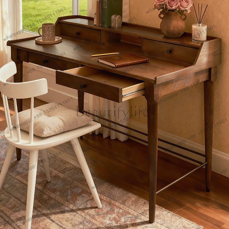 Nordic solid wood desk writing desk simple walnut color small apartment medieval bedroom computer desk