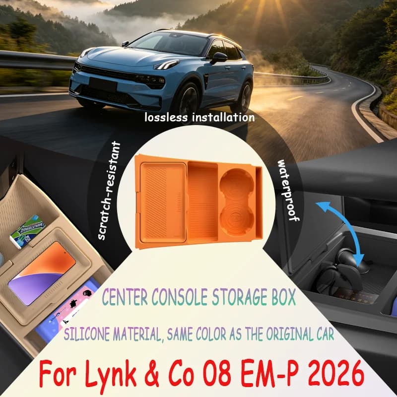 For Lynk & Co 08 EM-P 2026 Center Console Lower Silicone Storage Box, Drop-in Organizer Tray with Sunglasses Holder