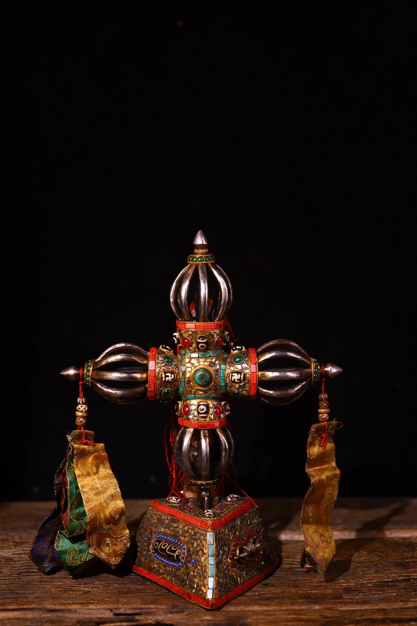 12"Old Tiantie Painted Mosaic Gem gZi Beads Shell Nine Shares Cross Vajra Phurpa Base Amulet Dharma Worship Hall