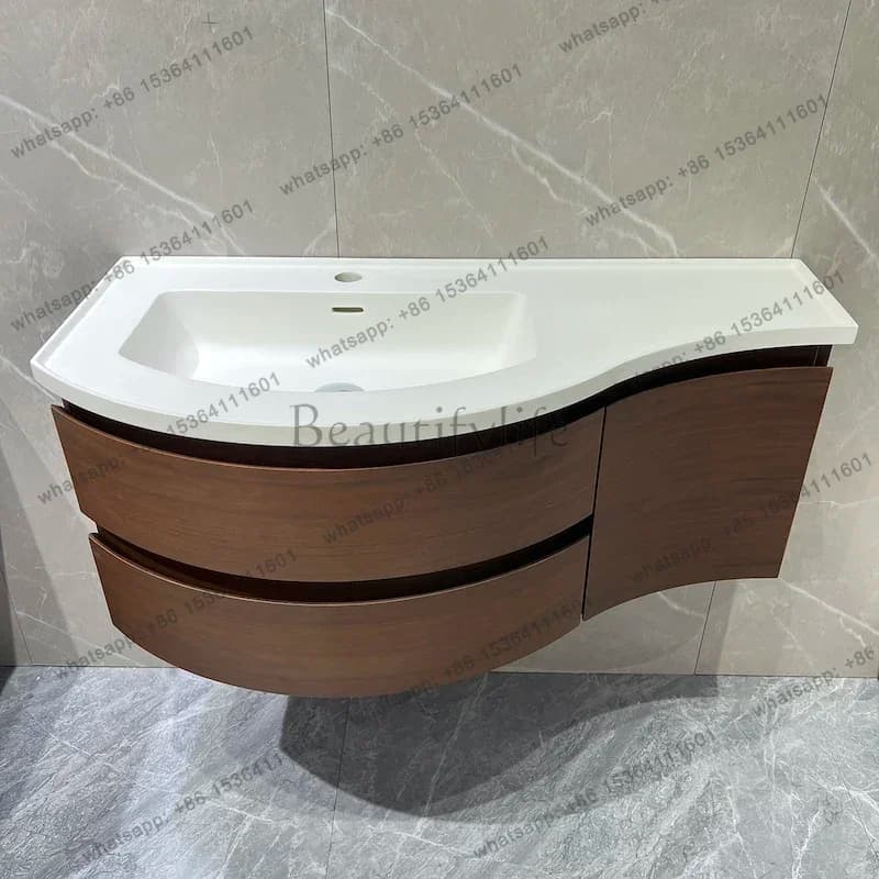 Extremely narrow arc bathroom cabinet combination artificial stone integrated basin washtable solid wood grain