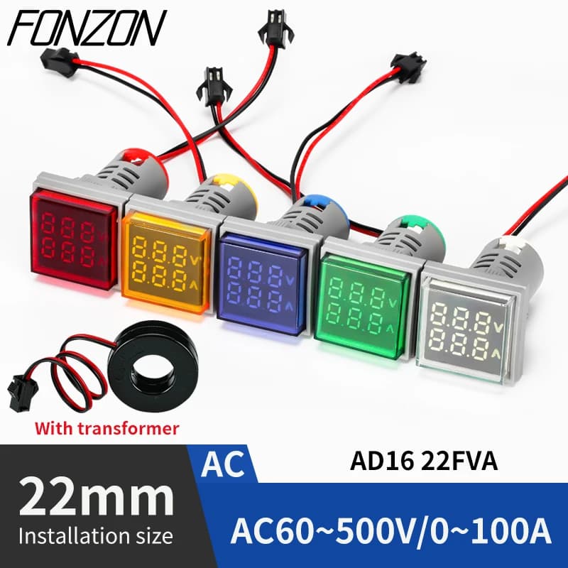 22mm AD16-22FVA Square Digital Voltmeter Ammeter Led Dual Display Digital Voltage And Current Amp Meter Indicator Light 60-500V