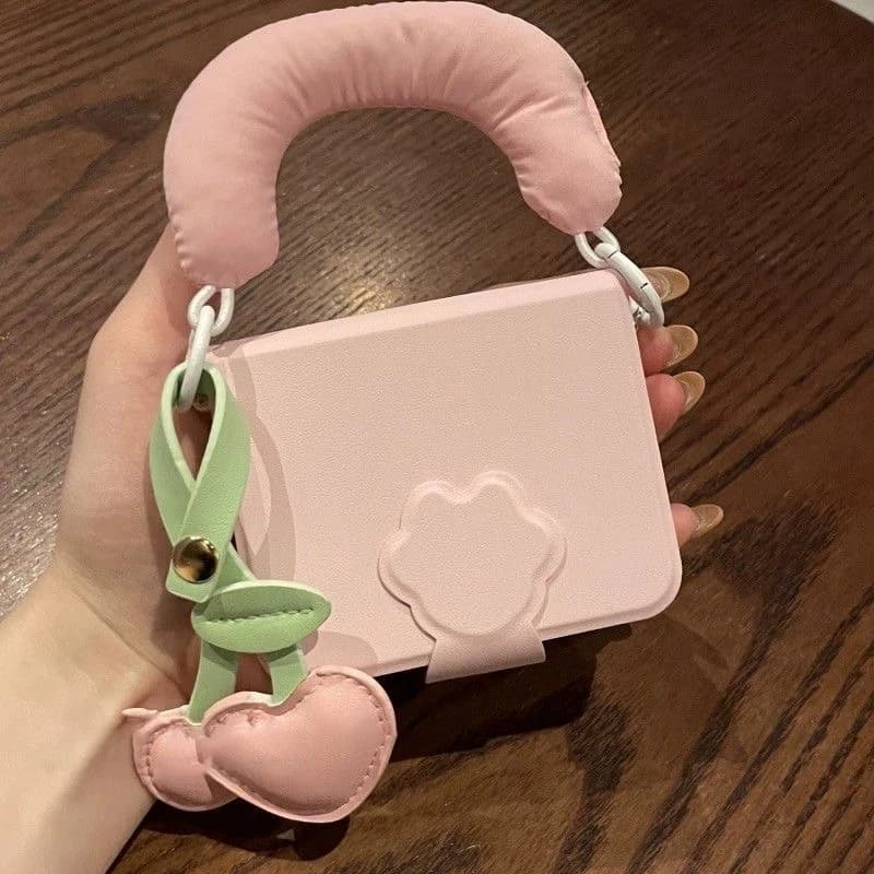 Pink Book Style Phone Case for Samsung Z Flip6 zflip5 OPPO Find N3 N2Flip/Xiaomi Mix Flip2 Casing Cover Cute Cherry Pendant