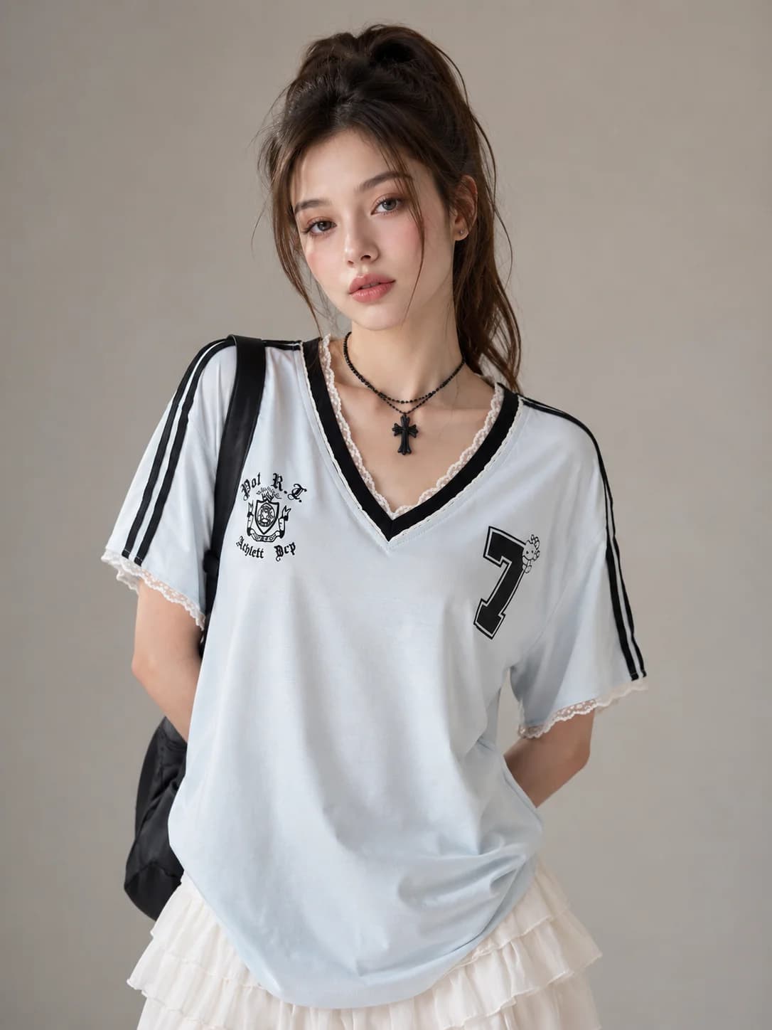 Women's Summer Varsity Style V-Neck Tee with Lace Detail Cute Cartoon Graphic Print Short Sleeve Casual Top