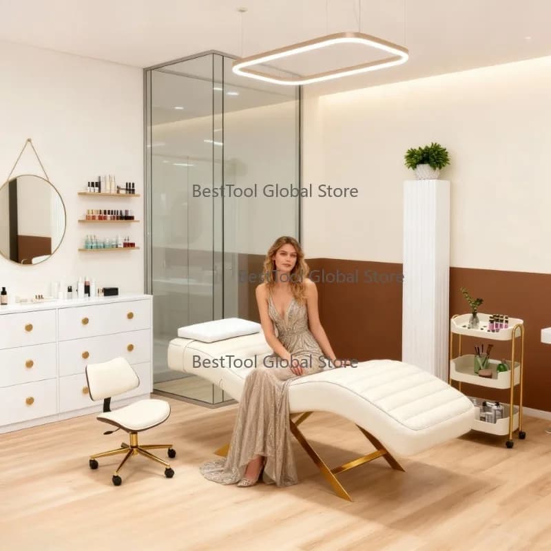 Popular Design Be-auty Sa-lon SPA White Gold Frame Mass-age Bed Cu-rved Eye-lash Lash Bed for Sa-lon Furniture