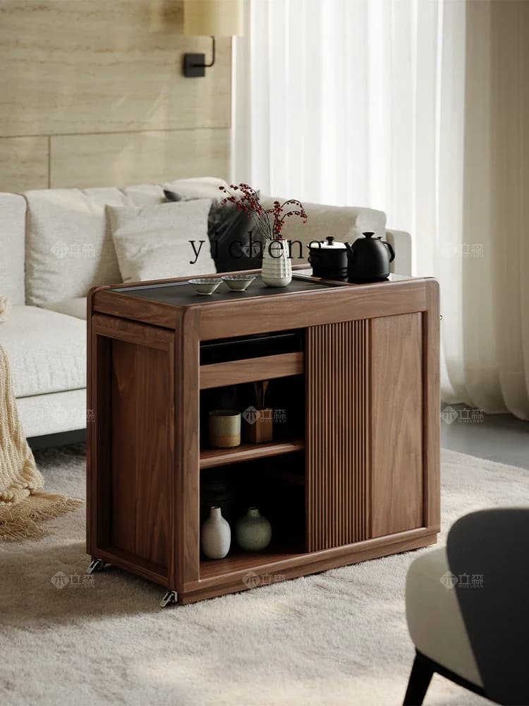v9.9-Black Walnut Tea Cart Mobile Side Table Living Room Household Solid Wood Tea Table Balcony Tea Table