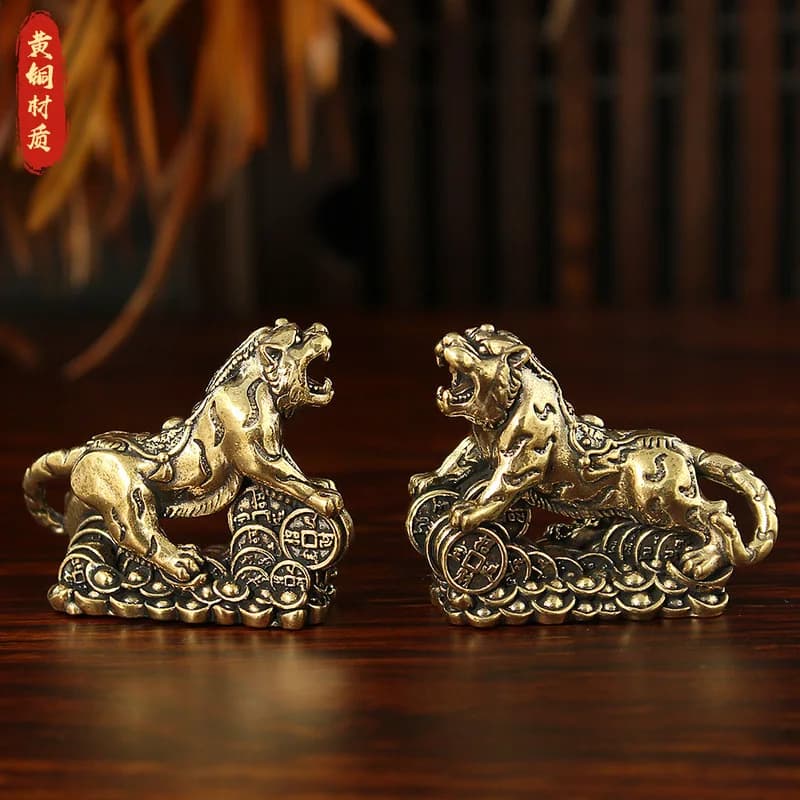 Brass - Tiger Pet Ornament, Table Decoration, Antique Retro Style, Money-Stepping Leopard Tea Tray Decorati