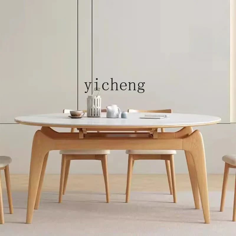 ZZXL household ash wood folding square into round multi-functional rock slab retractable dining table and chair combination