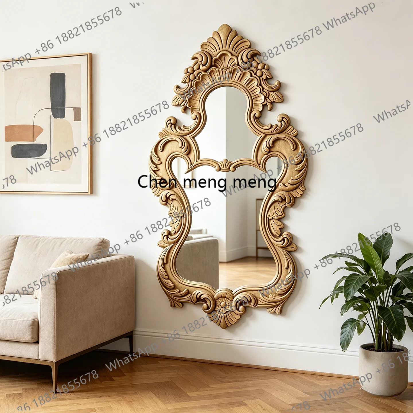 French retro carved full-length mirror American wall-mounted bedroom full-length mirror American living room special-shaped