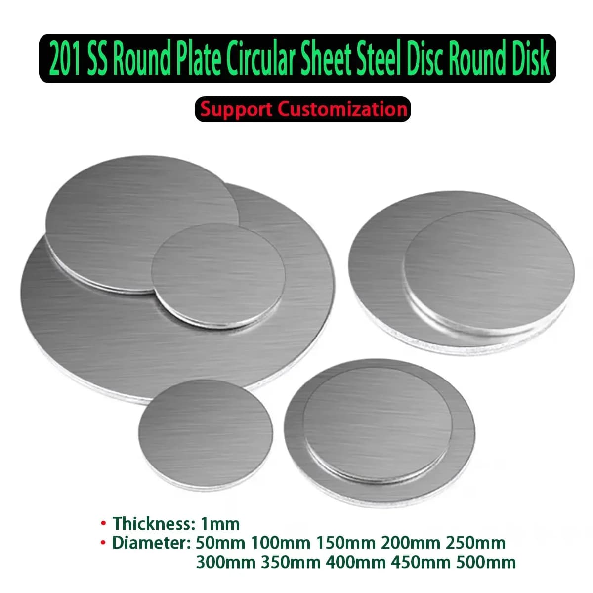 201 Stainless Steel Round Plate Circular Sheet Steel Disc Round Disk Thickness 1mm Dia 50mm - 500mm