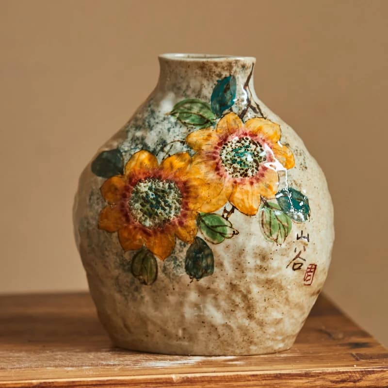 Chinese Vase Decoration Living Room Flower Vase Hydroponic Waterdrop Flower Vase Retro Hand-painted Rose Sunflower Pottery Jar