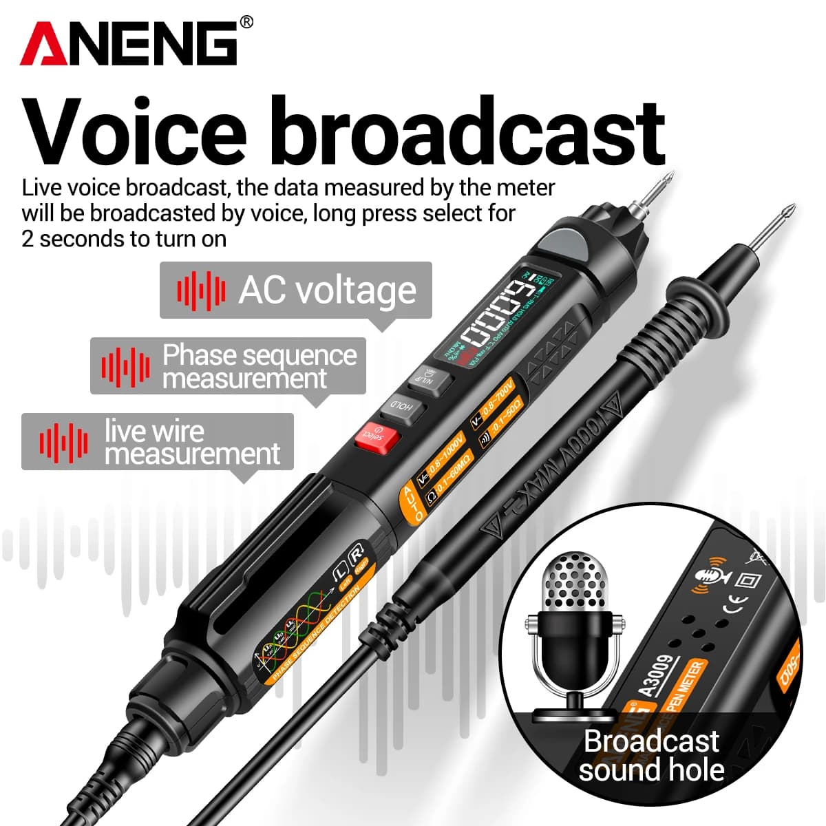 ANENG A3009  6000 Counts Intelligent Broadcast NCV Tester AC DC Voltage Resistance  Diode Display Auto Range Electrician Tool