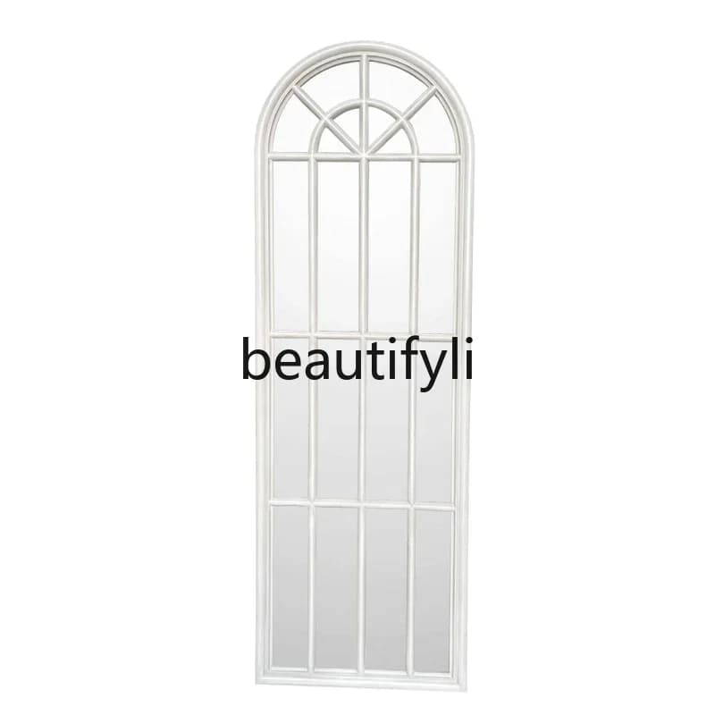 E182 Arched full-length mirror weathered walnut-colored floor-to-ceiling wall-mounted full-length mirror retro old decorative mi