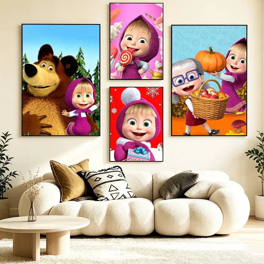 CUTE M-Masha And B-Bears   Poster HD Self Adhesive Waterproof Wall Art Ideal for Home Office Dorm Gift