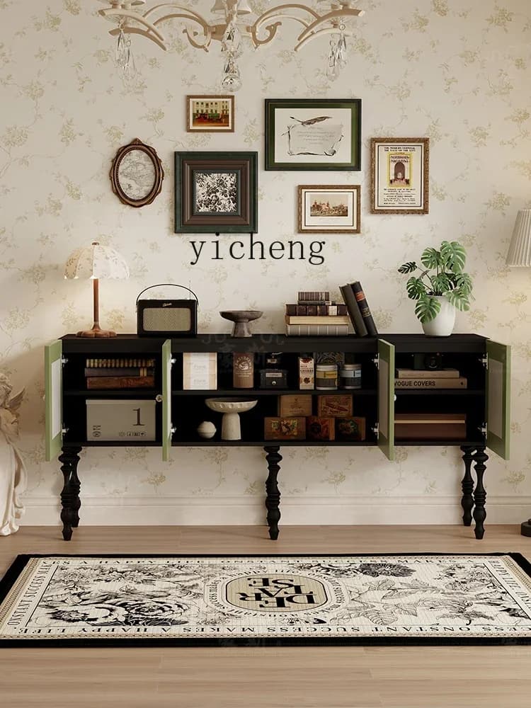 b1 Solid Wood Entryway Antique Style Console Vintage Green Entryway Cabinet Four-Leaf Clover Shell Storage Cabinet