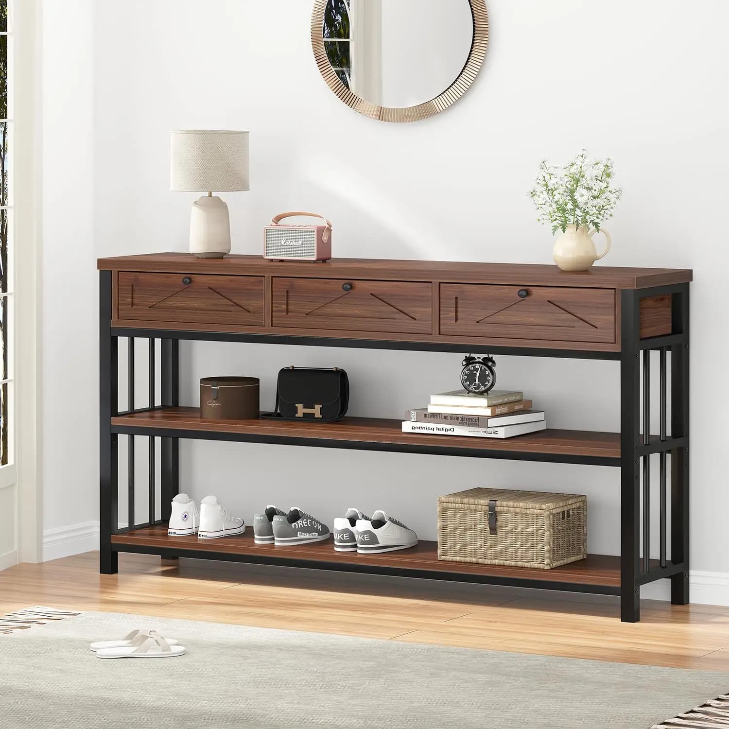 55”Walnut Industrial Table with 3 Drawers Storage for Console Entryway