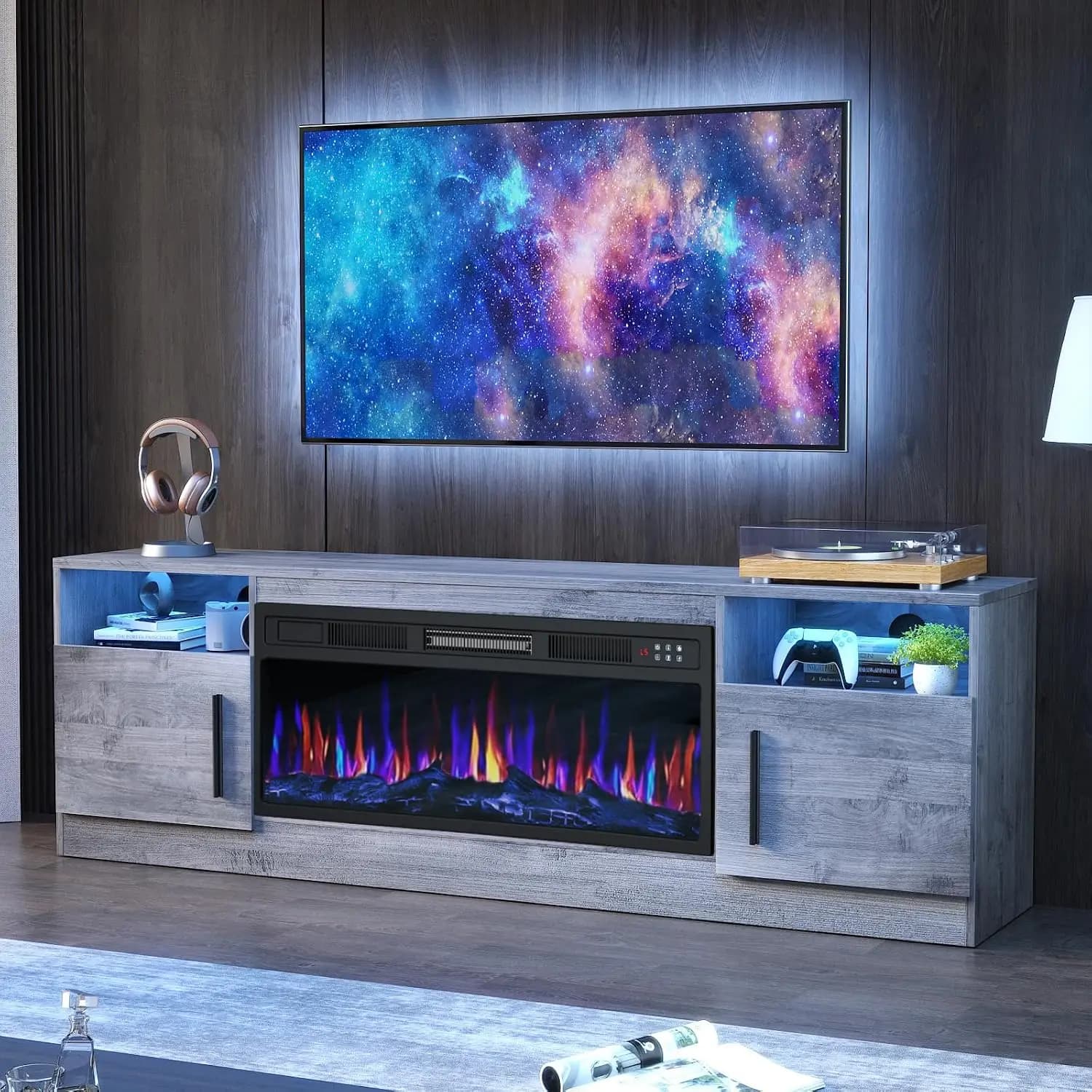 70" Fireplace TV Stand for TVs Up to 80", Gray Modern Media Console with 36" Electric Fireplace, Adjustable LED Lights