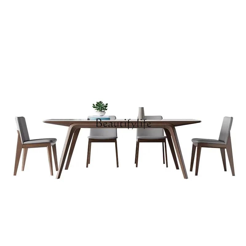 2Solid wood rock slab dining table Modern simple imported ash wood Solid wood legs Matte white rock slab
