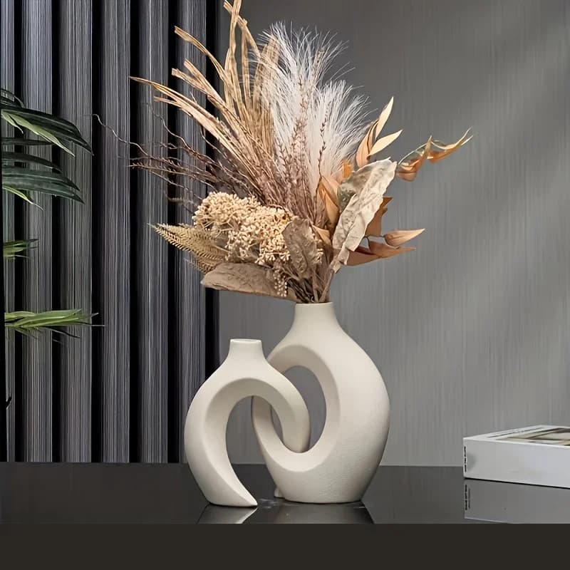Minimalist White Ceramic Vase Set of 2 Hollow Nordic Modern Home Decor