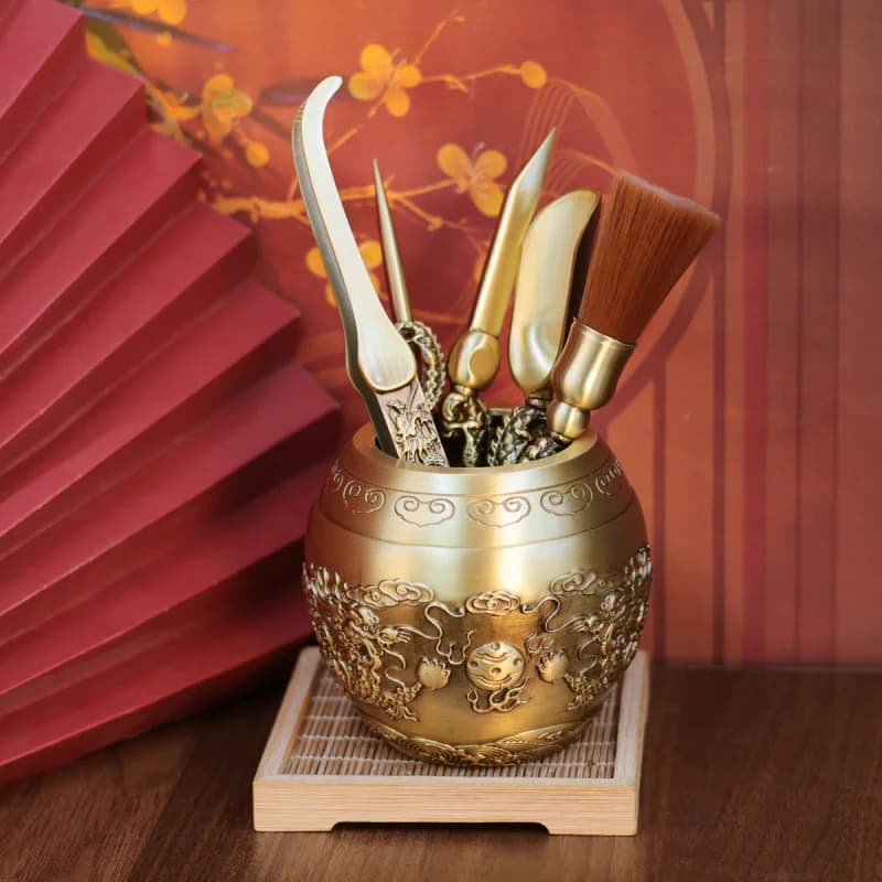 Brass Relief Double Dragon Ceremony Six Gentlemen Kung Fu Set Accessories Home Table Clip Brush Spoon Tea Br