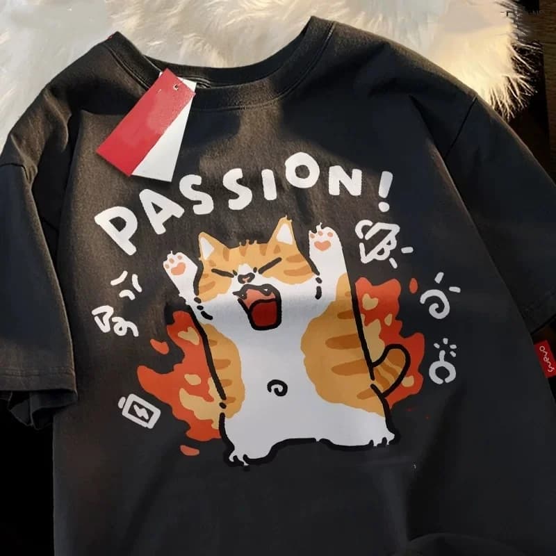 ZAZOMDE Loose Short Sleeved T-shirt For Men Women Original Japanese Fashion Brand Couple Pure Cotton Passion Cat Tee Top 2025