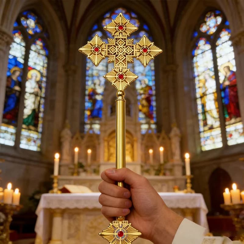 Ornate Gold-Plated Orthodox Processional Cross with Red Crystal Accents and Filigree Design for Church Liturgy and Ceremonial
