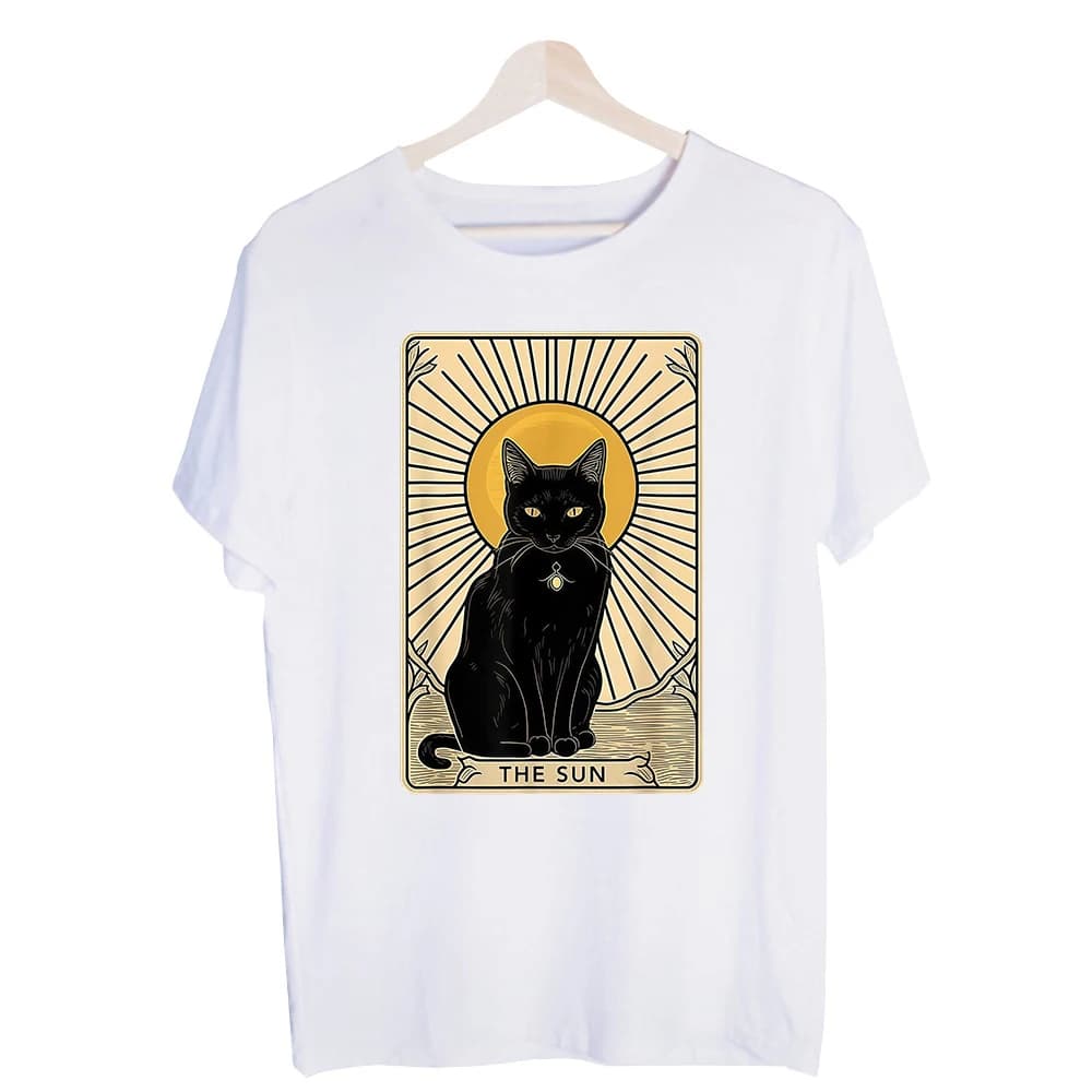 Men's Black Cat Sun Tarot Graphic Tee, Short Sleeve Crew Neck T-Shirt for Casual Daily Wear and Summer Outfits