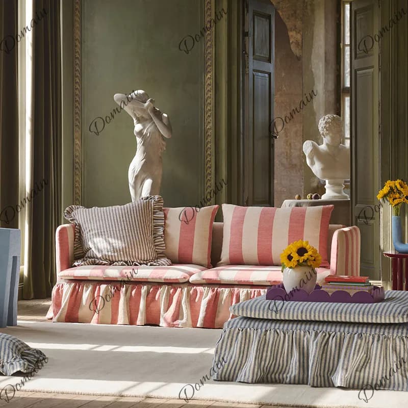 French retro fabric sofa living room small apartment pink striped sofa idyllic home solid wood straight sofa