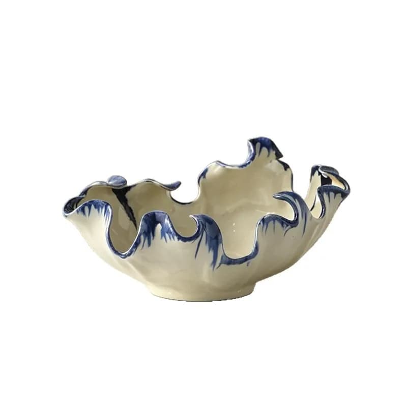 Creative blue and white gradual change wavy edge ceramic bowl irregular shape  plate modern decorative fruit basket