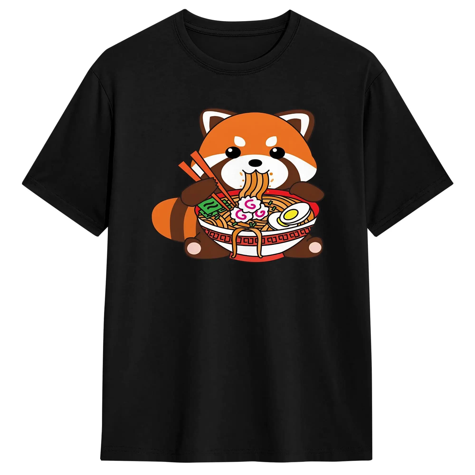 Cute Kawaii Red Panda Eating Ramen Noodles  T-Shirt Summer  Cotton T Shirts For Couple Casual Tshirt Short Sleeves Retro Clothes