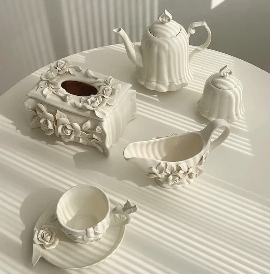 Vintage relief ceramic coffee set, hand-squeezed camellia afternoon tea set, tissue box, creative gift.