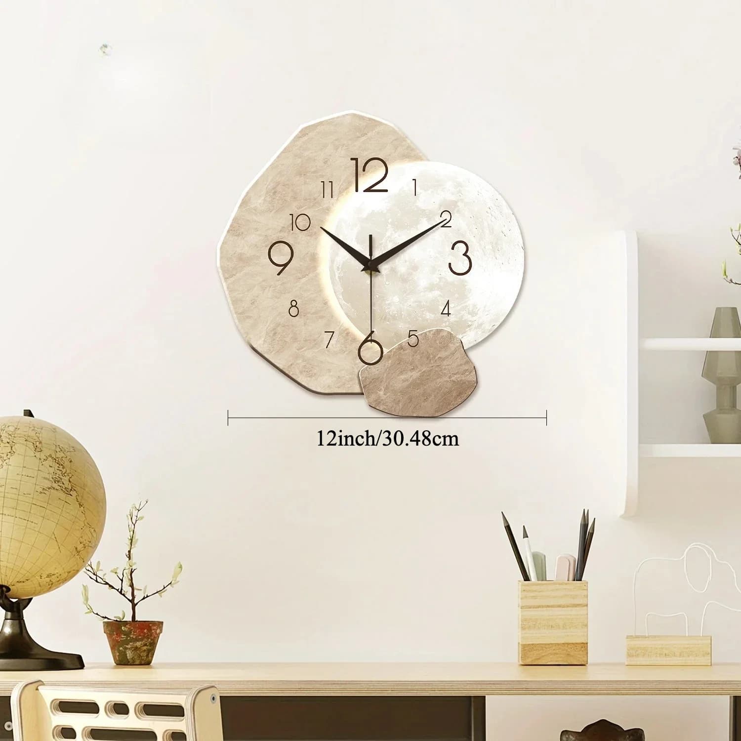 Modern Simple Silent Wall Clock, Moon Design - Quartz Movement, Wooden Material, for Bedroom, Living Room or Office Decoration