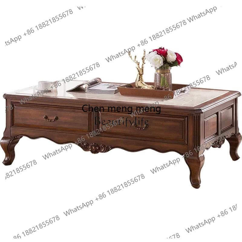 High-end Living Room Coffee Table Rectangular American Style All Solid Wood Coffee Table Marble Surface