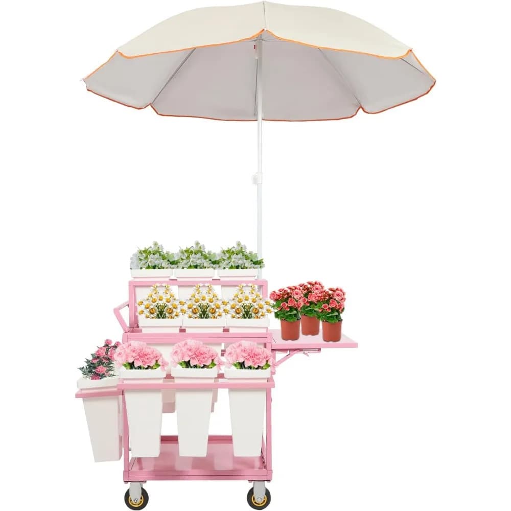 Metal Garden Cart Plant Stand with 18Pcs Buckets and Parasol, Slide Out Rolling Flower Display Rack Pink Flower Cart Display