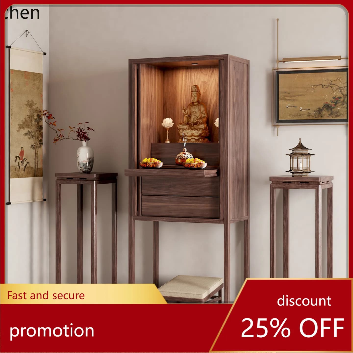 HXL Ash Wood Hidden Door Step Altar Table Guanyin Bodhisattva Standing Cabinet Vertical Strip